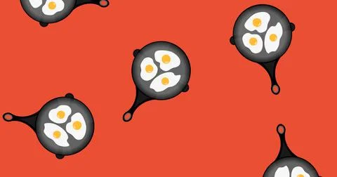 Composition of pan with eggs icons on red background Stock Illustration
