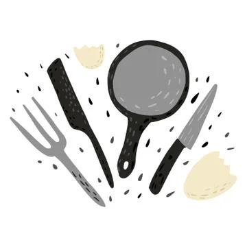 Composition pan with fork,knife and eggshell on white background. Tool cookin Stock Illustration