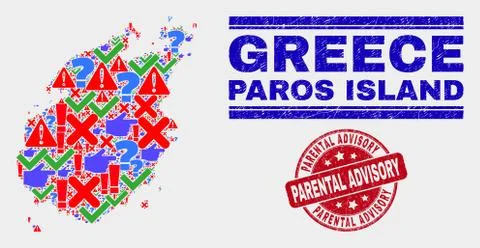 Composition of Paros Island Map Symbol Mosaic and Distress Parental Advisory Stock Illustration