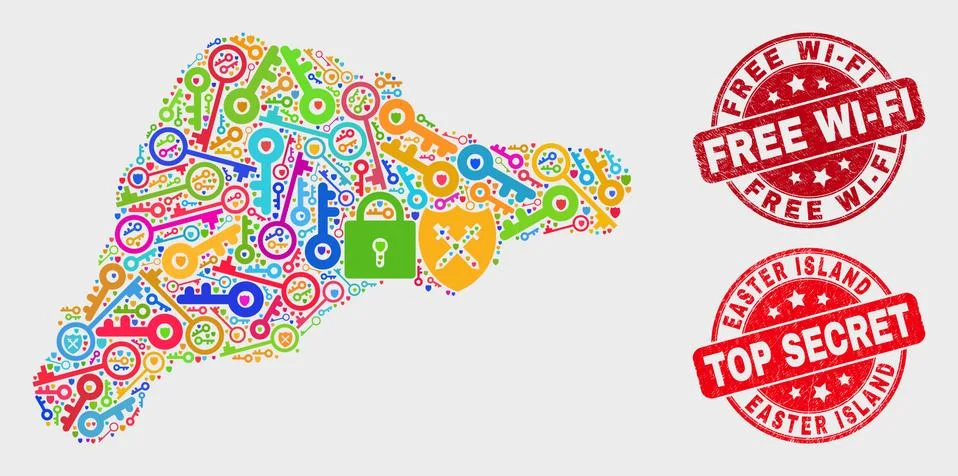 Composition of Passkey Easter Island Map and Distress Free Wi-Fi Seal Illustrazione stock