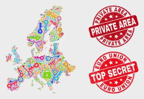 Composition of Passkey Euro Union Map and Grunge Private Area Watermark Stock Illustration