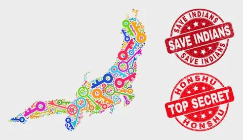 Composition of Passkey Honshu Island Map and Scratched Save Indians Seal Stock Illustration