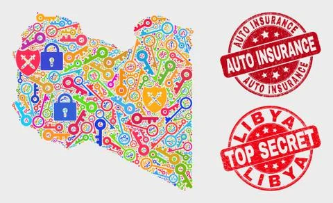 Composition of Passkey Libya Map and Grunge Auto Insurance Stamp Stock Illustration