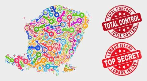 Composition of Passkey Lombok Island Map and Scratched Total Control Seal 스톡 일러스트