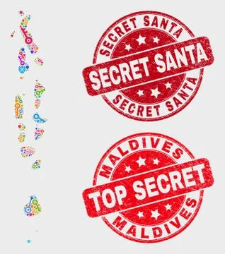 Composition of Passkey Maldives Map and Grunge Secret Santa Stamp 스톡 일러스트