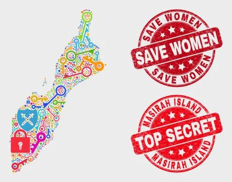 Composition of Passkey Masirah Island Map and Scratched Save Women Stamp Stock Illustration