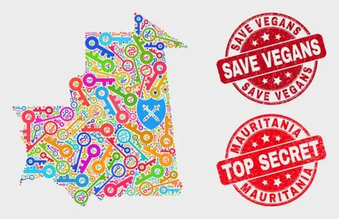 Composition of Passkey Mauritania Map and Scratched Save Vegans Seal Stock Illustration