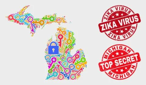Composition of Passkey Michigan State Map and Scratched Zika Virus Watermark 스톡 일러스트