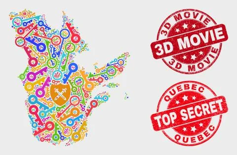 Composition of Passkey Quebec Province Map and Scratched 3D Movie Watermark Stock Illustration