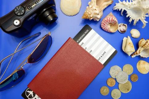 Composition from passport with boarding pass, compact camera, sunglasses 스톡 사진
