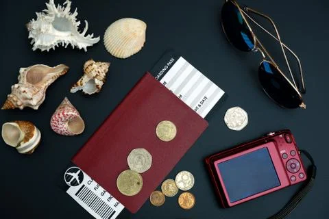 Composition from passport with boarding pass, compact camera, sunglasses 스톡 사진