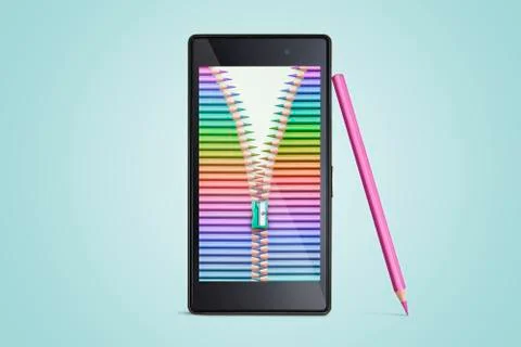 Composition of pencils on modern mobile smart phone. Stock-Fotos