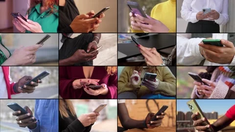 Composition of people hands using smartphone - Multiscreen Stock Footage 219417470