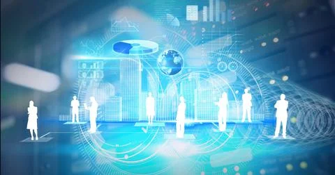 Composition of people silhouettes and data processing on screen over computer Illustrazione stock