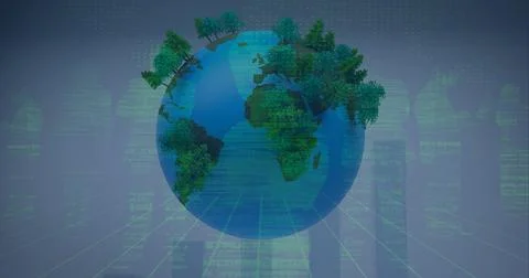 Composition of people's silhouettes and data processing over globe with trees Stock Illustration
