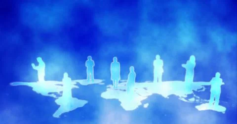 Composition of people's silhouettes on world map over blue background Ilustração Stock