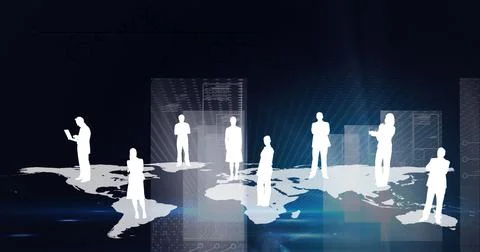 Composition of people's silhouettes on world map over blue background Ilustração Stock