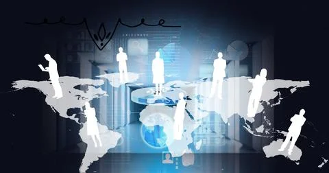 Composition of people's silhouettes on world map over blue background Ilustração Stock
