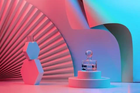 Composition with perfume on the podium, with geometric shapes and a fan in ne Illustration