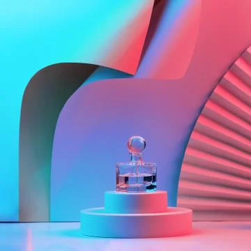 Composition with perfume on the podium, with geometric shapes and a fan in ne Illustration