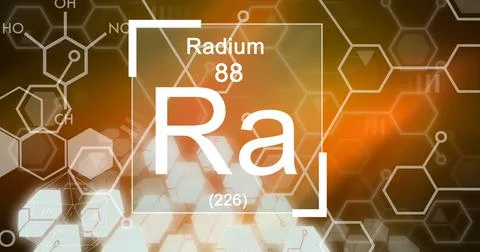 Composition of periodic table text radium 88 ra 226 over element structures on Stock Illustration