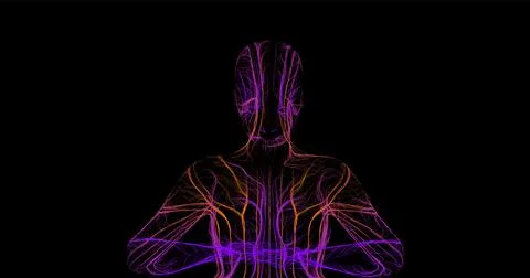 Composition of a person image standing frontally with wavy lines along the .. Stock Illustration