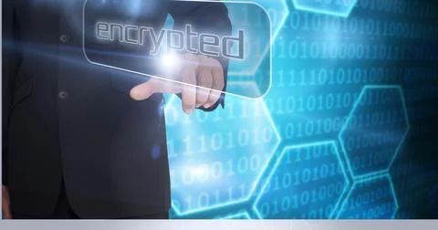 Composition of person pushing encrypted button on interface, over blue binary 库存照片