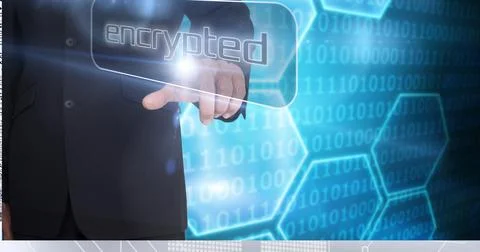 Composition of person pushing encrypted button on interface, over blue binary 스톡 사진