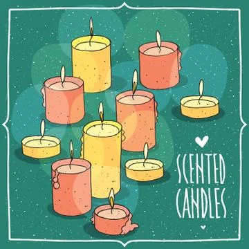 Composition with pink and yellow burning candles Illustrazione stock