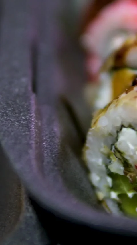 Composition of Pizza vs Sushi Roll set fast food in container in box. Business Stock Footage 310185799