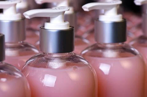 Composition with plastic bottles of body care and beauty products Foto stock