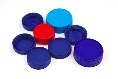 Composition with plastic caps isolated on white background Stock Photos