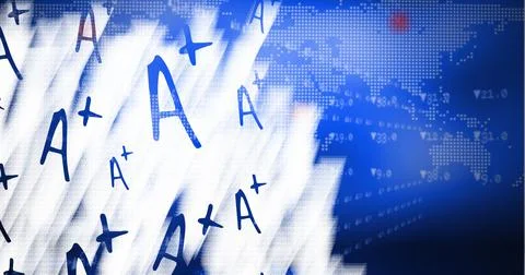 Composition of a plus rating over binary coding over world map on blue Illustrazione stock