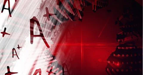 Composition of a plus rating over binary coding on red background Illustrazione stock