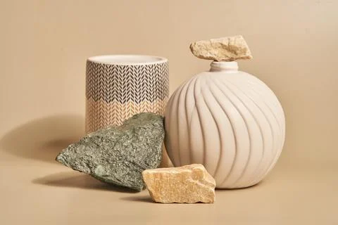 A composition of podiums of round figures made of porcelain for cosmetics Stock Photos