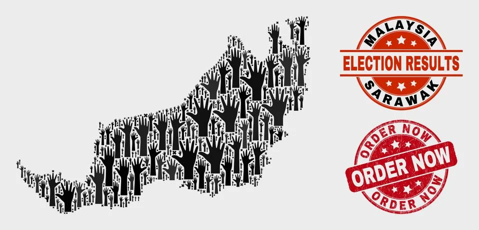 Composition of Poll Sarawak State Map and Scratched Order Now Stamp Seal 스톡 일러스트