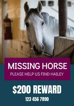 Composition of poster with missing horse text over horse on green background Fotos de archivo