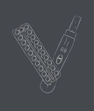 Composition of pregnancy or ovulation test and birth control pills black Stock Illustration