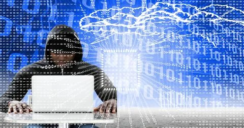 Composition of processor over binary coding and hacker with laptop Foto stock