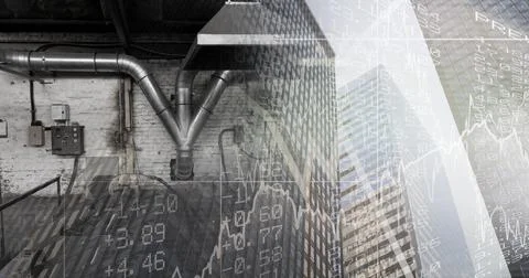 Composition of professional kitchen with financial data processing over modern Stock Photos