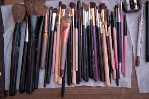 Composition with professional makeup brushes on white background . Set of mak Stock Photos