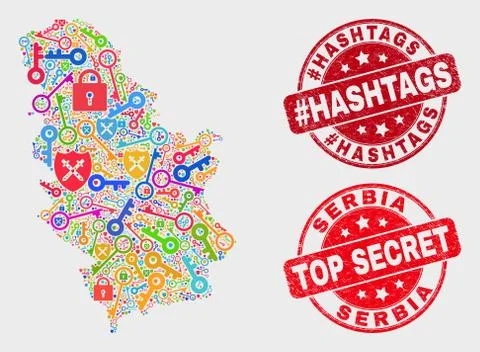Composition of Protection Serbia Map and Scratched #Hashtags Stamp Seal Stock Illustration