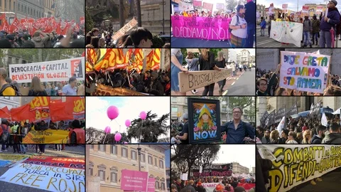 Composition on Protests in Italy during year 2019: people, march, street Stock Footage 120523861
