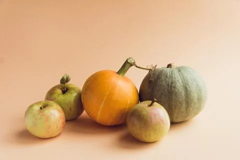 Composition of pumpkin on a beige background. The concept of thanksgiving and Stock Photos