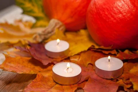 Composition with pumpkins and candles on maple leaves on wooden background. S Stock Photos