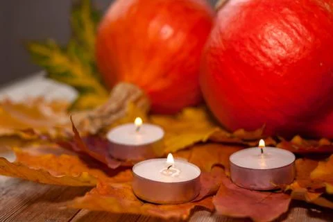 Composition with pumpkins and candles on maple leaves on wooden background. S Stock Photos