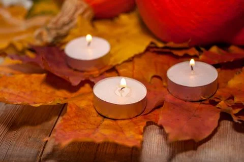 Composition with pumpkins and candles on maple leaves on wooden background. S Stock Photos