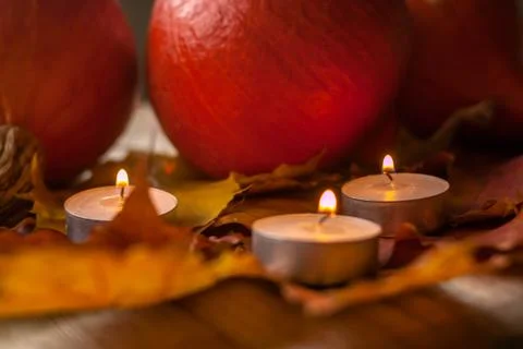 Composition with pumpkins and candles on maple leaves on wooden background. S Stock Photos