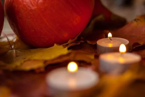 Composition with pumpkins and candles on maple leaves on wooden background. S Stock Photos