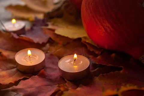 Composition with pumpkins and candles on maple leaves on wooden background. S Stock Photos